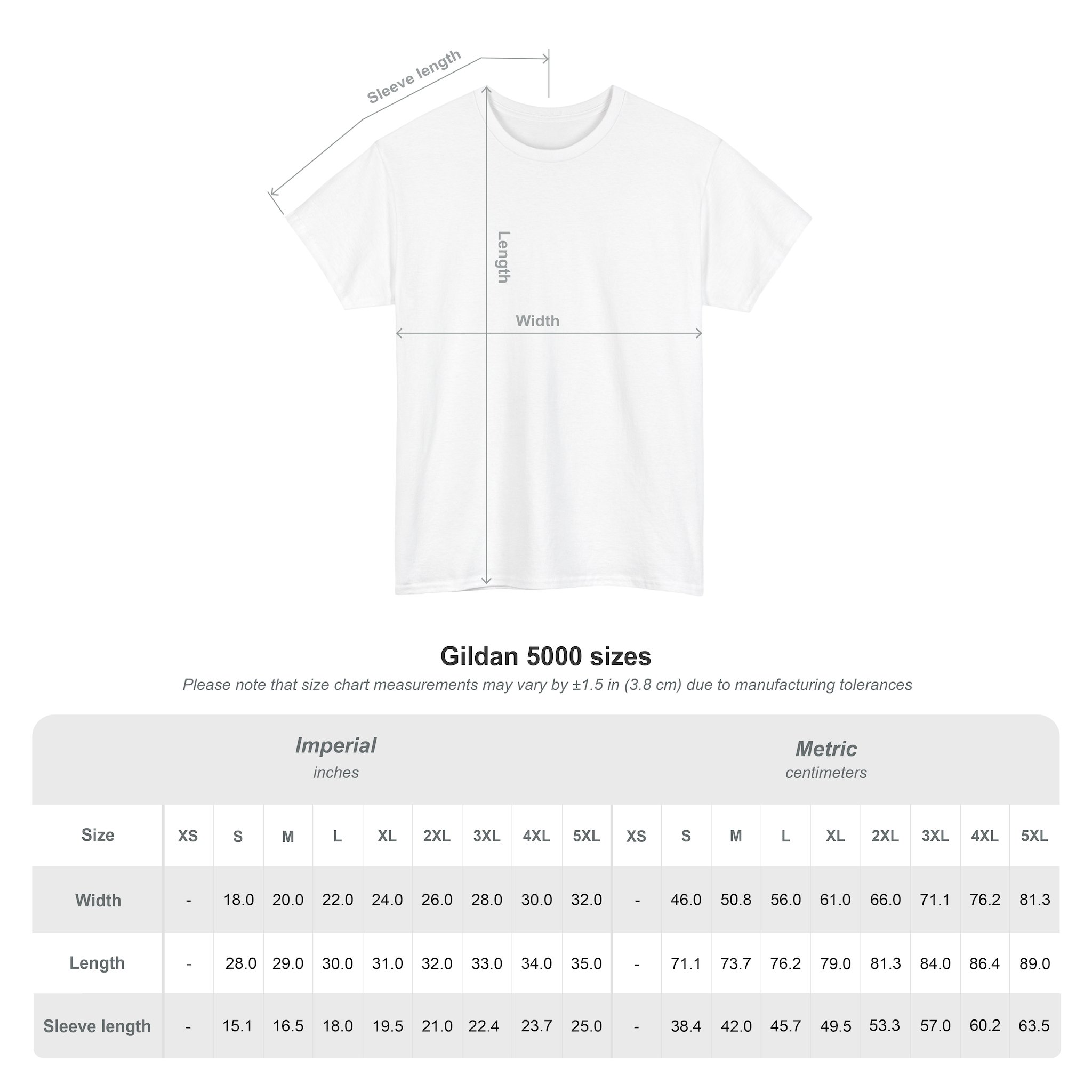 Kings Painting Co. Logo T‑Shirt (Classic) | Gildan Ultra Cotton (G5000) shown in white with lines indicating width, length, and sleeve measurements; below is a size chart for XS to 5XL (in inches and centimeters) displaying width, length, and sleeve length.